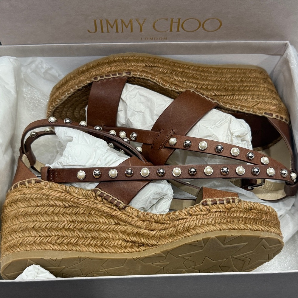 Jimmy Choo Brown Leather Wedges with Studded Straps